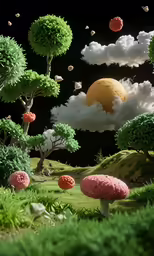 fantasy scene, trees and mushroom land with clouds