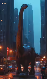 a dinosaur statue in the middle of a city street