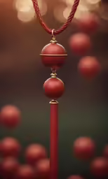 the red and gold pole is being held by an elaborate necklace
