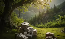 there is an old suitcase on the ground near books