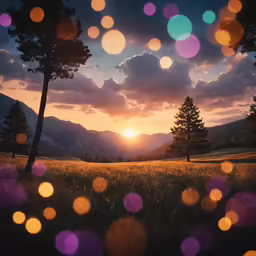 the sun is setting through some trees in the mountains