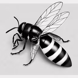 the black and white bee is flying towards the camera