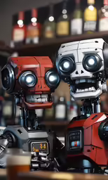 two robot toy in a bar sitting next to each other