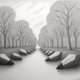 pencil drawings of books floating in a pond,a pencil drawing of a long canal with boats,pencil drawings of boat in lake surrounded by trees,drawing an area with many boats in it,a drawing of pencil boats floating in the water with trees and snow on the ground
