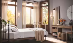 a large wooden bed sitting under two large windows