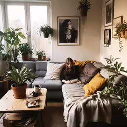 a woman sits on the sofa with her hands folded