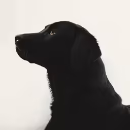 black dog on white background looking up to the sky