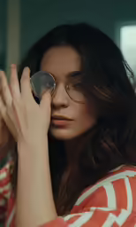 a girl wearing sunglasses and looking over her glasses