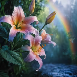 flowers bloom with raindrops and a rainbow in the background