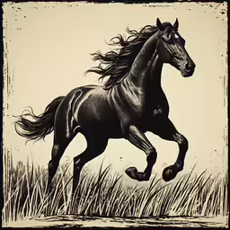 a black horse running in the grass