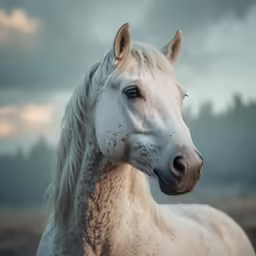 a close up view of a white horse in the dark