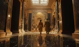 two people walking down the hall of a building