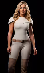 a woman wearing a white outfit and pants