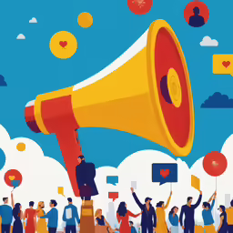 an advertisement depicting a megaphone with a crowd of people around