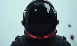 this image depicts the helmeted spaceman who is wearing a space suit and carrying a large telescope