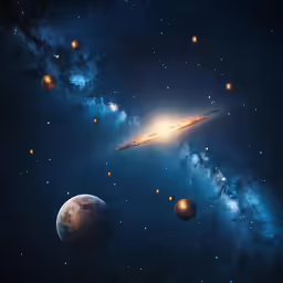 some planets in the sky next to a spiral galaxy