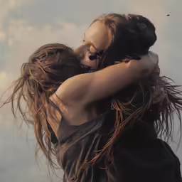 the two young women are hugging in the air