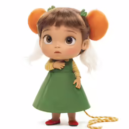 a doll with big brown eyes wearing a green dress
