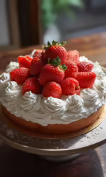 a large strawberry cake sits on a plate