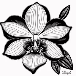black and white flower with an open leaf,an ink drawing of an orchid,an illustration of a black and white flower,the flower is a black and white photo,a drawing of a flower with leaves
