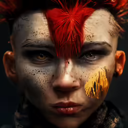a girl with dark and red hair has freckles on her nose