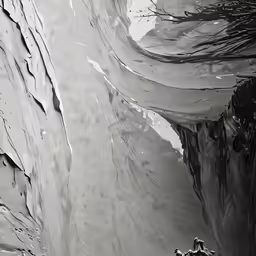 black and white photo of water running on the side of a mountain