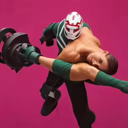 a woman in a wrestling outfit is doing a trick