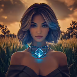 a woman in a dress with blue glowing light around her neck