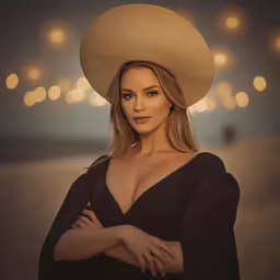 a woman in a large hat posing for a photo