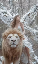 woman in white dress on top of a lion