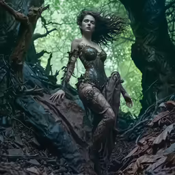 a very pretty girl with a weird costume in the woods