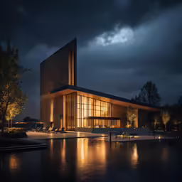the water reflects the lighting in front of a building