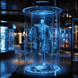 a creepy skeleton sitting inside of a glass case