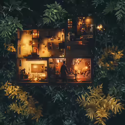 some people are sitting in a small house at night