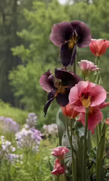 an arrangement of flowers outside on a sunny day