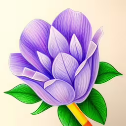 a purple flower is drawn with colored pencils,a drawing of a purple flower with leaves and pencil,a drawing of a purple flower with green leaves,a colored pencil drawing of purple flowers,a drawing of a flower with green leaves
