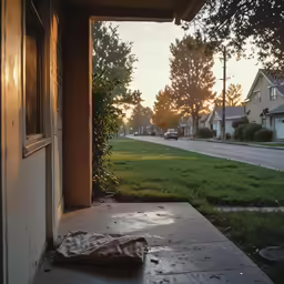 a blanket sitting on the doorstep of a house