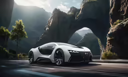 the new concept sports car is driving through a mountain valley