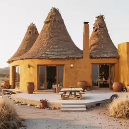 an adobe house with thatched roof and benches