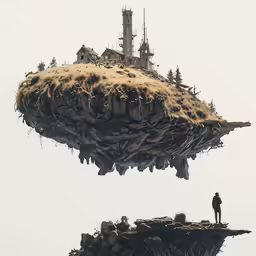 a man stands in the middle of a surreal land