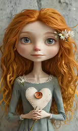 a small doll with red hair and flower in her hand
