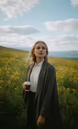 a woman stands in front of a green field