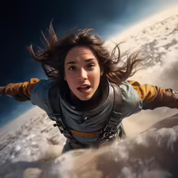 a girl wearing space suits flying in the sky
