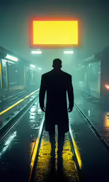 a man in coat and tie walking down train track
