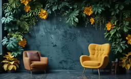 some brown and orange chairs a blue wall and a bunch of green plants