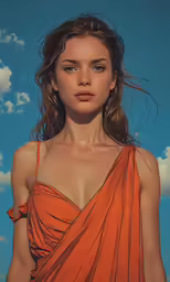 a girl with no makeup wearing an orange dress
