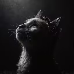 black and white image of a cat looking up