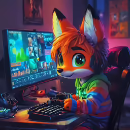 a little fox sitting at a desk in front of a computer