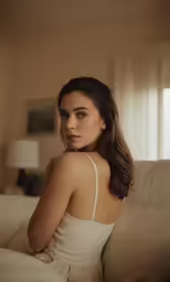 a pretty lady wearing white posing on the couch