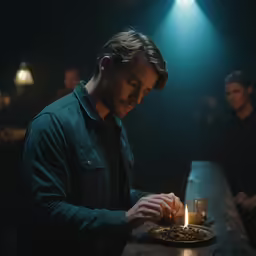 the man in the bar is putting candles on the table